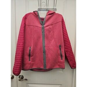 Cecil Womens XL Hooded Hybrid Jacket Pink Grey Quilted Puffer Fleece Full Zip